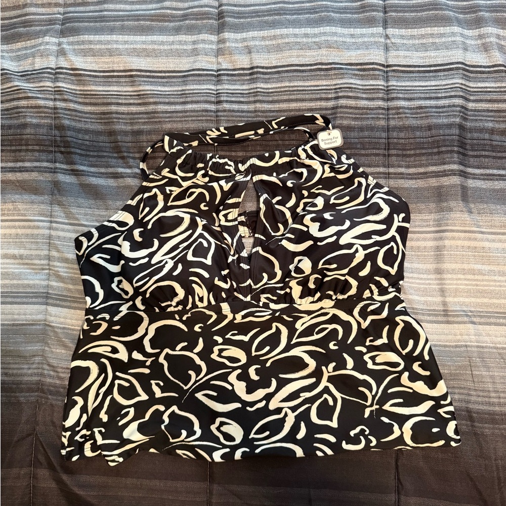 Time and Tru Black and Cream Floral Swim Top